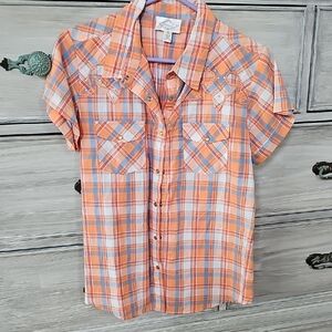 Women' s Orange Plaid Short Sleeve Shirt